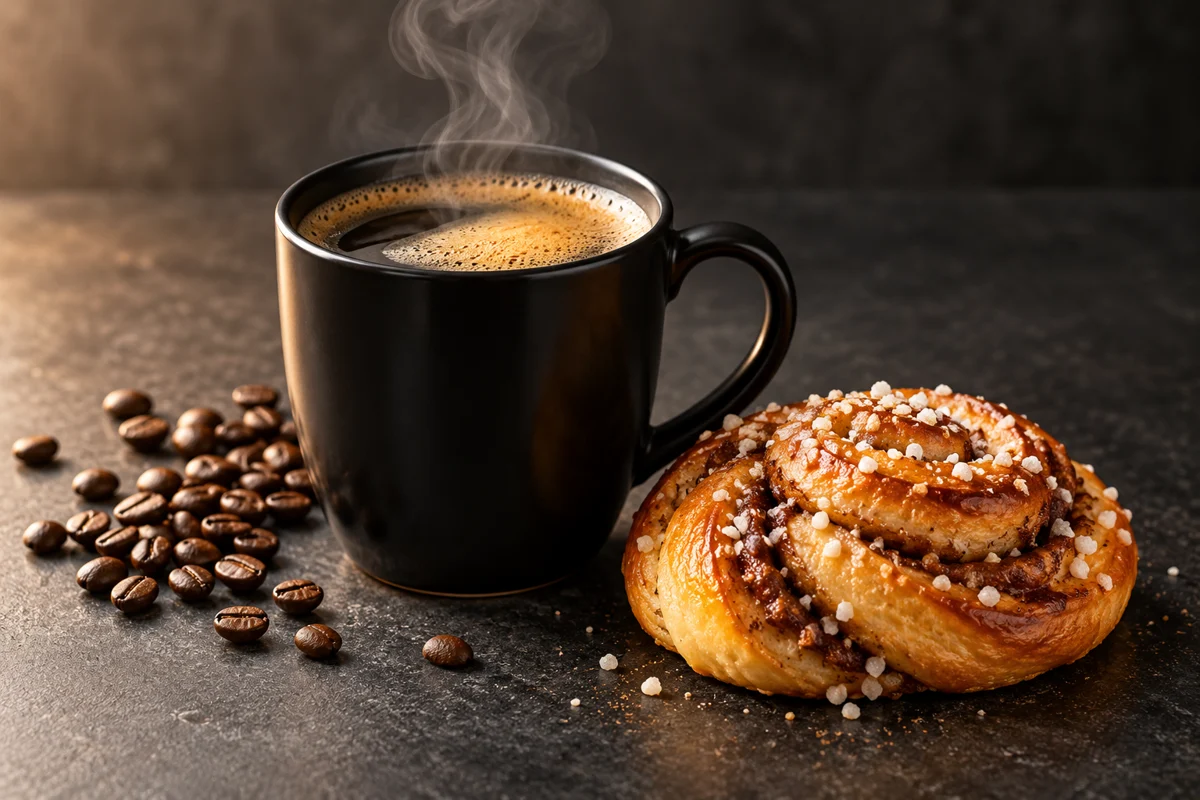 En kopp varmt kaffe på en mörk disk