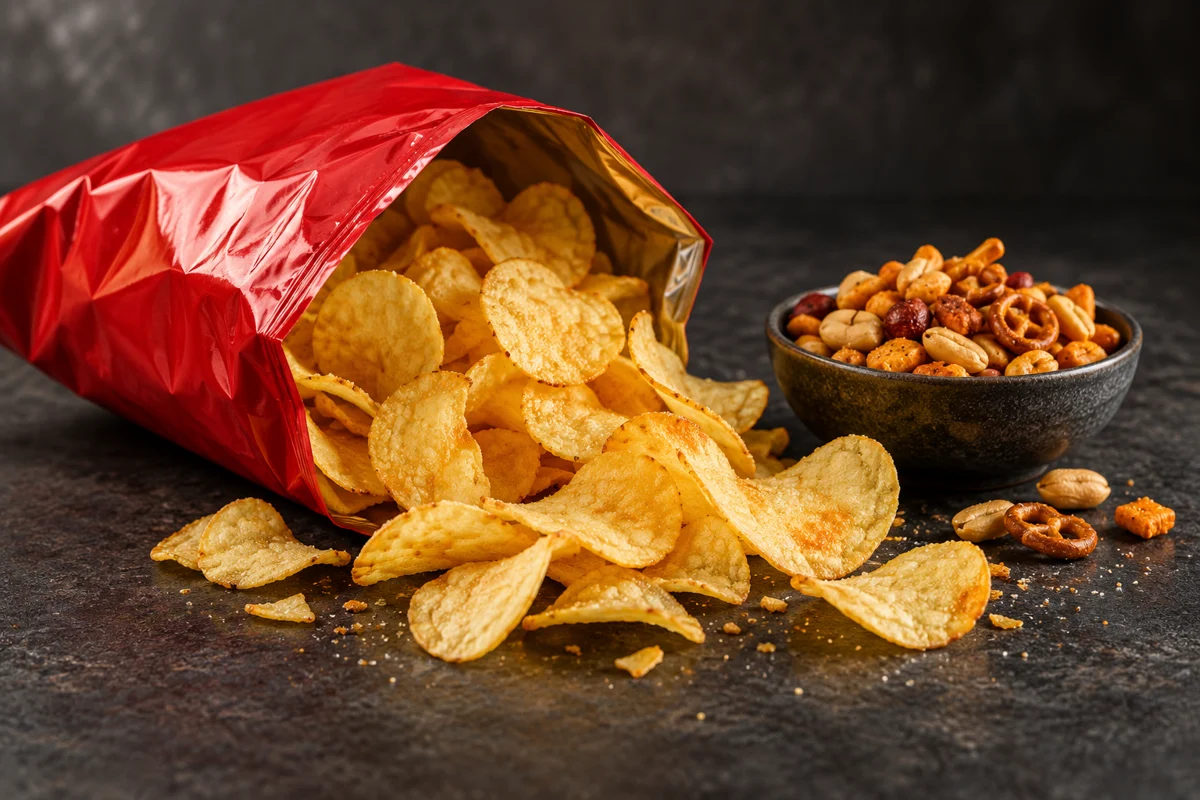 Krispiga chips och blandade snacks på en mörk disk